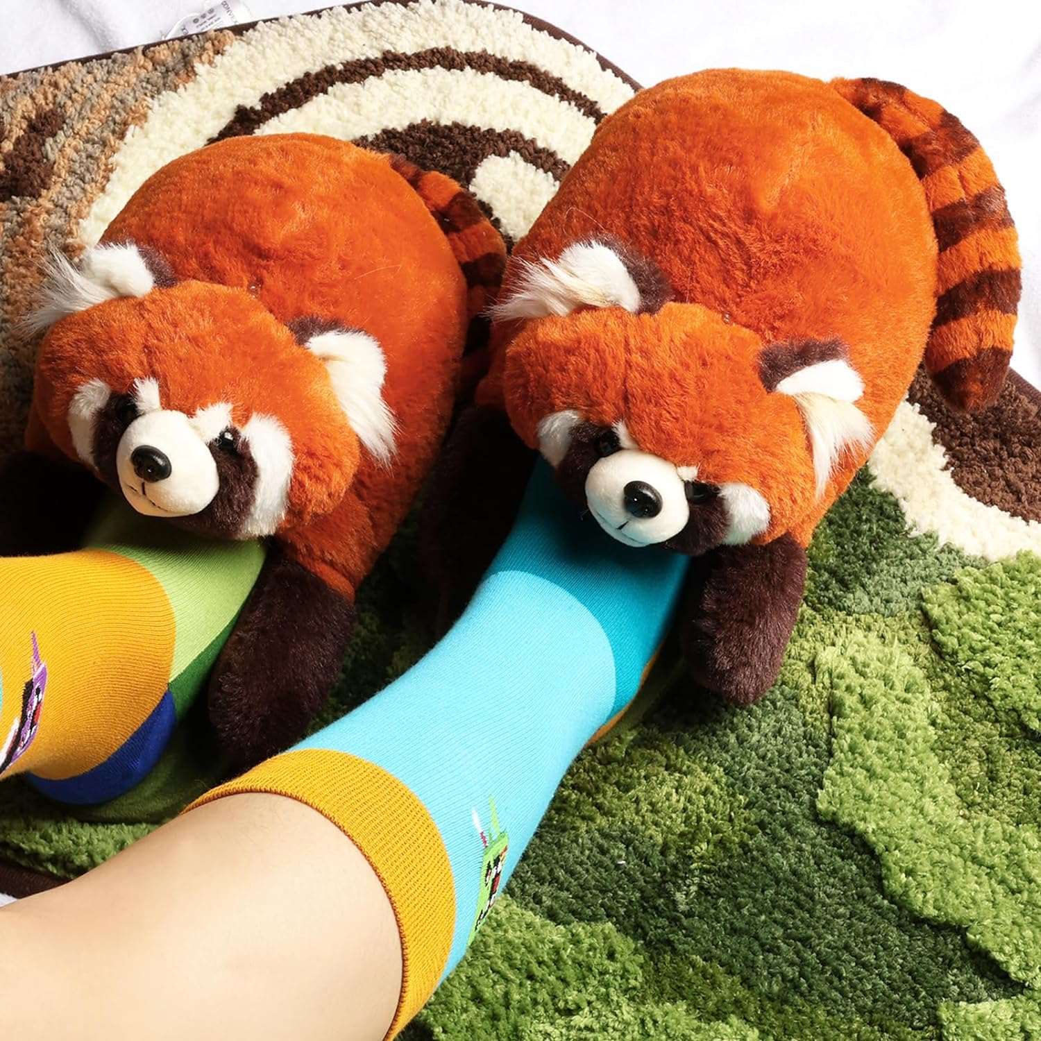 Cute red panda slippers on your feet
